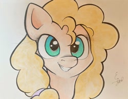 Size: 1857x1448 | Tagged: safe, artist:engi, pear butter, earth pony, pony, g4, cute, female, grin, looking at you, mare, mixed media, simple background, smiling, smiling at you, solo, traditional art