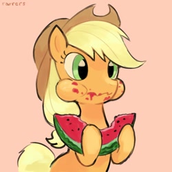 Size: 1000x1000 | Tagged: safe, artist:rarrers, applejack, earth pony, pony, g4, cheek bulge, cute, eating, female, food, hat, herbivore, jackabetes, mare, messy eating, simple background, solo, watermelon