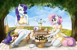 Size: 1533x1000 | Tagged: safe, artist:shamziwhite, rarity, sweetie belle, unicorn, anthro, unguligrade anthro, g4, belle sisters, cake, clothes, cottagecore, cute, diasweetes, dress, duo, duo female, eyes closed, female, food, happy, licking, licking lips, long hair, picnic, picnic dress, raribetes, siblings, sisters, smiling, summer, summer dress, sundress, tea, tongue out
