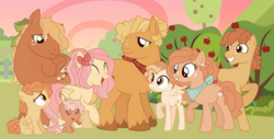 Size: 2169x1100 | Tagged: safe, artist:disasterisk, derpibooru exclusive, applejack, fluttershy, oc, oc:apple bud, oc:bumblesweet, oc:butterscotch, oc:dandelion, oc:hibiscus, oc:honeycomb, earth pony, pegasus, pony, g4, alternate design, apple, apple tree, apple treeapple, baby, baby pony, bow, closed mouth, colored hooves, colt, diaper, ear piercing, earring, earth pony oc, eyes closed, family photo, female, filly, foal, freckles, hair bow, jewelry, lesbian, looking at someone, looking up, magical lesbian spawn, male, mare, neckerchief, offspring, open mouth, parent:applejack, parent:fluttershy, parents:appleshy, pegasus oc, piercing, ponytail, raised hoof, ship:appleshy, shipping, sitting, smiling, spread wings, stallion, standing, sunset, teenager, tree, unshorn fetlocks, wings