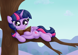 Size: 4334x3110 | Tagged: safe, artist:background basset, twilight sparkle, alicorn, pony, g4, book, cute, female, high res, lying down, mare, reading, smiling, solo, tree, tree branch, twiabetes, twilight sparkle (alicorn)