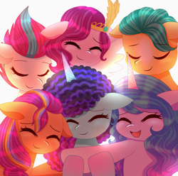 Size: 3029x3004 | Tagged: safe, artist:jaanhavi, hitch trailblazer, izzy moonbow, misty brightdawn, pipp petals, sunny starscout, zipp storm, earth pony, pegasus, pony, unicorn, g5, adorapipp, adorazipp, cute, eyes closed, female, group, group hug, high res, hitchbetes, hug, izzybetes, male, mane five, mane six (g5), mane stripe sunny, mare, mistybetes, rebirth misty, royal sisters (g5), sextet, siblings, simple background, sisters, smiling, stallion, sunnybetes, white background