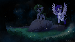 Size: 1920x1080 | Tagged: safe, artist:darbedarmoc, oc, oc:amethyst dawn, oc:minerva, firefly (insect), insect, pegasus, pony, female, flying, fog, forest, grass, looking at each other, looking at someone, night, rock, smiling, stone, tree