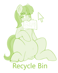 Size: 2808x3536 | Tagged: safe, artist:czu, part of a set, oc, oc only, oc:lemon drop, earth pony, pony, abdominal bulge, belly, belly button, chubby, commissioner:lemondrop, ear fluff, female, food baby, high res, looking at you, mouse cursor, paper, ponified, recycle bin, simple background, sitting, software ponies, solo, stuffed belly, white background