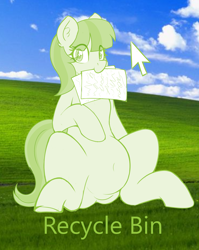 Size: 2808x3536 | Tagged: safe, alternate version, artist:czu, part of a set, oc, oc only, oc:lemon drop, earth pony, pony, belly, belly button, bliss xp, chubby, commissioner:lemondrop, female, high res, looking at you, microsoft, microsoft windows, mouse cursor, paper, ponified, recycle bin, software ponies, solo, windows xp