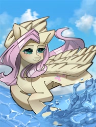 Size: 2800x3732 | Tagged: safe, artist:mugitya012, fluttershy, pegasus, pony, g4, female, flying, high res, mare, solo, splash, spread wings, water, wings