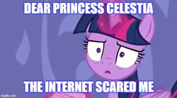 Size: 669x373 | Tagged: safe, edit, edited screencap, screencap, twilight sparkle, alicorn, pony, g4, ppov, season 6, caption, dear princess celestia, female, image macro, imgflip, meme, reaction image, scared, scarred for life, solo, text, traumatized, twilight sparkle (alicorn)