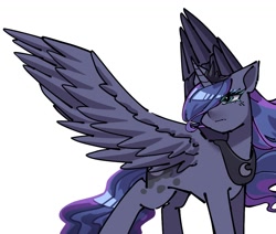 Size: 1104x936 | Tagged: safe, artist:mugitya012, princess luna, alicorn, pony, g4, concave belly, crown, female, hair over one eye, jewelry, mare, regalia, simple background, solo, spread wings, white background, wings