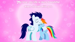 Size: 1280x720 | Tagged: safe, artist:mlplary6, rainbow dash, soarin', pegasus, pony, g4, boyfriend and girlfriend, eyes closed, female, hug, love, male, mare, quote, romantic, ship:soarindash, shipping, stallion, straight, text