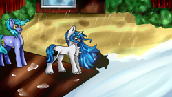 Size: 1920x1080 | Tagged: safe, artist:deadsmoke, oc, oc:kate sanders, oc:snowflake white, bridge, bush, house, long hair, nature, rain, river, scar, tree, water, wet, wet mane