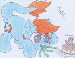 Size: 2205x1700 | Tagged: safe, artist:fliegerfausttop47, oc, oc only, oc:fizark catto, food pony, monster pony, original species, pony, tatzlpony, arm fluff, behind you, blue coat, brown eyes, butt fluff, cheek fluff, cursive writing, cute, drool, ear fluff, elbow fluff, eyes on the prize, flan, fluffy, food, happy, hoof fluff, impending doom, innocent, leg fluff, looking at someone, looking at something, naive, oblivious, ocbetes, oh no, open mouth, orange mane, orange tail, pencil drawing, plate, ponified, pudding, shoulder fluff, signature, simple background, smiling, tail, tail fluff, tentacle tongue, tentacles, traditional art, white background