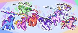 Size: 2048x888 | Tagged: safe, artist:poniesart, bangles (g1), brightglow, cool breeze, crunch berry, glory, salty (g1), stripes (g1), surprise, earth pony, flutter pony, pegasus, pony, unicorn, g1, aromantic, aromantic pride flag, asexual, asexual pride flag, bisexual, bisexual pride flag, bisexuality, bow, female, heart, holding a flag, lesbian, lesbian pride flag, missing horn, nonbinary, nonbinary pride flag, octet, pansexual, pansexual pride flag, pride, pride flag, rainbow curl pony, rainbow flag, tail, tail bow, transgender, transgender pride flag