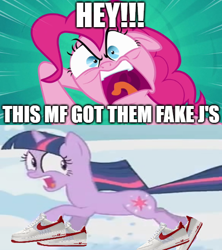 Size: 500x562 | Tagged: safe, edit, edited screencap, screencap, pinkie pie, twilight sparkle, earth pony, pony, unicorn, g4, pinkie pride, winter wrap up, air jordans, angry, censored, censored vulgarity, clothes, fake j's, fake jordans, jordans, meme, pointing, ponified meme, shoes, spongebob squarepants, unicorn twilight, wrong aspect ratio, yelling