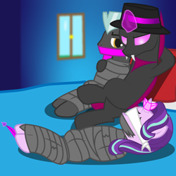 Size: 8192x8174 | Tagged: safe, artist:cardshark777, starlight glimmer, thunderlane, oc, oc:card shark, changeling, g4, bed, bedroom, blindfold, blurry, blurry background, bondage, bound and gagged, captive, cloth gag, clothes, cuddling, digital art, evil smile, fangs, feather, fedora, gag, grin, hat, helpless, holeless, hoof tickling, lying down, magic, magic aura, magic suppression, mummification, mummified, pillow, pink changeling, scarf, smiling, tape, tape bondage, tape gag, telekinesis, tickling, trio, window, wrapped up