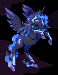 Size: 1842x2396 | Tagged: safe, artist:poniesart, nightmare moon, alicorn, pony, g4, abstract background, blushing, colored eyelashes, colored horn, colored wings, colored wingtips, ethereal mane, ethereal tail, fusion, fusion:nightmare moon, fusion:spectrier, gradient horn, hoers, hoof shoes, horn, jewelry, lidded eyes, looking at you, peytral, pokémon, ponymon, princess shoes, rearing, smiling, smiling at you, solo, sparkles, sparkling mane, sparkling tail, spectrier, spread wings, starry mane, starry tail, tail, tiara, wings