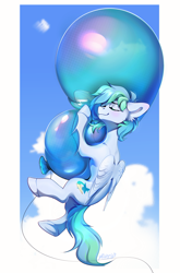 Size: 2315x3500 | Tagged: safe, artist:mithriss, oc, oc only, oc:siriusnavigator, pegasus, pony, balloon, cloud, commission, cuddling, digital art, eyes closed, flying, folded wings, high res, highlights, hug, male, passepartout, sky, smiling, snuggling, solo, stallion, that pony sure does love balloons, wings
