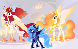 Size: 900x560 | Tagged: safe, artist:sakuyamon, princess celestia, princess luna, oc, oc:fausticorn, alicorn, pony, g4, alternate cutie mark, alternate design, blaze (coat marking), blue eyes, blue hair, coat markings, colored wings, concave belly, crown, ethereal mane, facial markings, female, gradient mane, gradient wings, height difference, jewelry, orange hair, pink eyes, red hair, redesign, regalia, signature, slender, socks (coat markings), sparkly fetlocks, sparkly mane, thin, trio, trio female, unshorn fetlocks, wings, young luna