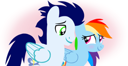 Size: 1980x1020 | Tagged: safe, artist:mlplary6, rainbow dash, soarin', pegasus, pony, g4, blushing, boyfriend and girlfriend, female, looking at each other, looking at someone, male, mare, ship:soarindash, shipping, smiling, smiling at each other, stallion, straight