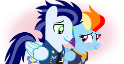 Size: 1980x1020 | Tagged: safe, artist:mlplary6, rainbow dash, soarin', pegasus, pony, g4, the last problem, blushing, bomber jacket, clothes, duo, female, husband and wife, jacket, looking at each other, looking at someone, male, mare, older, older rainbow dash, older soarin', older soarindash, ship:soarindash, shipping, smiling, smiling at each other, stallion, straight, uniform, wonderbolts dress uniform