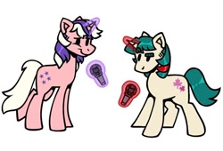 Size: 679x462 | Tagged: safe, artist:partyponypower, gusty, twilight, pony, unicorn, g1, dot eyes, duo, friday night funkin', green hair, looking at each other, looking at someone, magic, microphone, simple background, telekinesis, white background, white hair