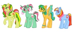 Size: 679x300 | Tagged: safe, artist:partyponypower, bright eyes (twinkle eyed pony), fizzy, masquerade (g1), mimic (g1), earth pony, pegasus, pony, twinkle eyed pony, unicorn, g1, alternate cutie mark, bandaid, bracelet, bubblegum, colored wings, female, food, gradient wings, gum, handkerchief, jewelry, simple background, white background, wings