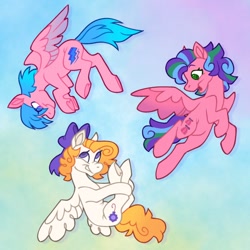 Size: 680x680 | Tagged: safe, artist:partyponypower, firefly, surprise, whizzer, pegasus, pony, twinkle eyed pony, g1, alternate cutie mark, blue hair, bow, colored wings, flying, gradient wings, hoof heart, looking at each other, looking at someone, multicolored hair, purple eyes, sky background, underhoof, wings, yellow hair