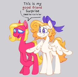 Size: 680x676 | Tagged: safe, artist:partyponypower, shady, surprise, earth pony, pegasus, pony, g1, g4, adoraprise, bow, curly hair, cute, dialogue, duo, female, friends, g1 shadybetes, g1 to g4, generation leap, good friends, mare, purple eyes, simple background, smiling, sunglasses, yellow hair