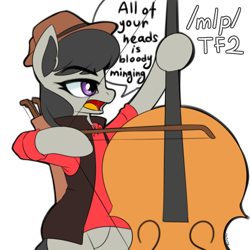 Size: 2000x2000 | Tagged: safe, artist:rusfag, octavia melody, earth pony, pony, g4, /mlp/ tf2 general, arrow, bipedal, bow, cello, dialogue, dialogue box, female, high res, mare, musical instrument, simple background, sniper, sniper (tf2), solo, team fortress 2, text, transparent background