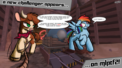 Size: 1920x1079 | Tagged: safe, artist:ricy, arizona (tfh), rainbow dash, cow, pegasus, pony, them's fightin' herds, g4, /mlp/ tf2 general, bomb, cart, cloven hooves, community related, crossover, dialogue, dialogue box, duo, dustbowl, female, mare, payload, team fortress 2, text, tracks, weapon