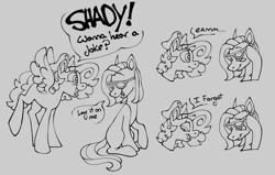 Size: 680x433 | Tagged: safe, artist:partyponypower, shady, surprise, earth pony, pegasus, pony, g1, bow, curly hair, dialogue, duo, lineart, looking at each other, looking at someone, sitting, smiling, straight hair, sunglasses