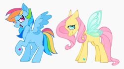 Size: 680x382 | Tagged: safe, artist:partyponypower, fluttershy, rainbow dash, pegasus, pony, g4, alternate design, blue eyes, colored wings, duo, flutterfly, hoof heart, magenta eyes, missing cutie mark, multicolored hair, pink hair, rainbow hair, redesign, simple background, underhoof, white background, wings