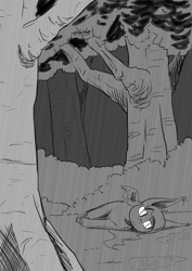 Size: 905x1280 | Tagged: safe, artist:darkhestur, oc, oc only, bat pony, pony, bat pony oc, forest, grayscale, lying down, monochrome, pony only, rain