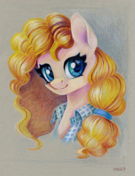 Size: 3398x4429 | Tagged: safe, artist:maytee, pear butter, earth pony, pony, g4, bust, clothes, colored pencil drawing, hair ribbon, high res, portrait, ribbon, shirt, smiling, solo, traditional art