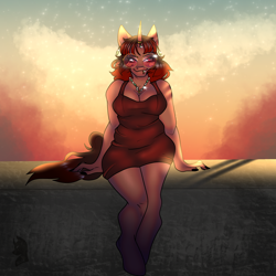 Size: 2048x2048 | Tagged: safe, artist:v-nuz, oc, oc only, unicorn, anthro, unguligrade anthro, breasts, cleavage, clothes, dress, ear piercing, earring, glasses, high res, horn, horn ring, jewelry, necklace, piercing, ring, sitting, solo, sunset, unicorn oc