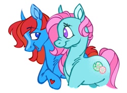 Size: 680x497 | Tagged: safe, artist:partyponypower, minty, waterfire, earth pony, pony, g3, alternate cutie mark, blaze (coat marking), blue eyes, coat markings, facial markings, female, hoof heart, lesbian, looking at each other, looking at someone, pink hair, purple eyes, red hair, ship:mintyfire, shipping