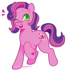 Size: 1146x1247 | Tagged: safe, artist:beetlepaws, sparkleberry swirl, pony, g3, female, filly, foal, green eyes, hoof heart, one eye closed, open mouth, pink, pink hair, pink mane, pink tail, purple hair, purple mane, purple tail, raised hoof, simple background, smiling, tail, transparent background, two toned hair, two toned mane, two toned tail, underhoof, wink