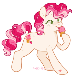 Size: 1078x1104 | Tagged: safe, artist:beetlepaws, strawberry surprise (g3), earth pony, pony, g3, cream, female, food, freckles, green eyes, holding, hoof heart, ice cream, ice cream cone, mare, pink hair, raised hoof, simple background, transparent background, underhoof, wavy hair
