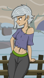 Size: 1286x2256 | Tagged: safe, artist:banquo0, limestone pie, human, g4, belly button, breasts, clothes, delicious flat chest, female, hand on hip, humanized, leaning, open mouth, pants, short shirt, solo, tomboy, torn clothes, yoga pants