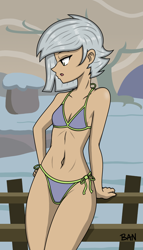 Size: 1286x2256 | Tagged: safe, alternate version, artist:banquo0, derpibooru exclusive, limestone pie, human, g4, belly button, bikini, breasts, clothes, delicious flat chest, female, hand on hip, humanized, leaning, open mouth, partially undressed, solo, swimsuit