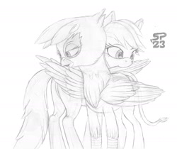 Size: 2000x1682 | Tagged: safe, artist:styroponyworks, gilda, rainbow dash, griffon, pegasus, pony, g4, butt, female, grooming, lesbian, monochrome, plot, preening, ship:gildash, shipping, sketch, traditional art, wings