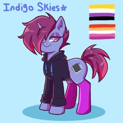 Size: 1500x1500 | Tagged: safe, artist:artkett1412, oc, oc:indigo sky, pony, unicorn, bedroom eyes, blue background, clothes, ear fluff, hair over one eye, hoodie, horn, lesbian pride flag, looking at you, nonbinary, nonbinary pride flag, pride, pride flag, simple background, smiling, smiling at you, socks, solo, unicorn oc