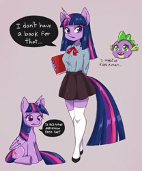 Size: 1500x1800 | Tagged: safe, artist:artkett1412, spike, twilight sparkle, alicorn, dragon, pony, unicorn, anthro, g4, anthro with ponies, book, clothes, dialogue, disembodied head, female, gray background, implied depression, implied murder, male, mare, simple background, sitting, skirt, socks, speech bubble, standing, thigh highs, twilight sparkle (alicorn), unicorn twilight, zettai ryouiki