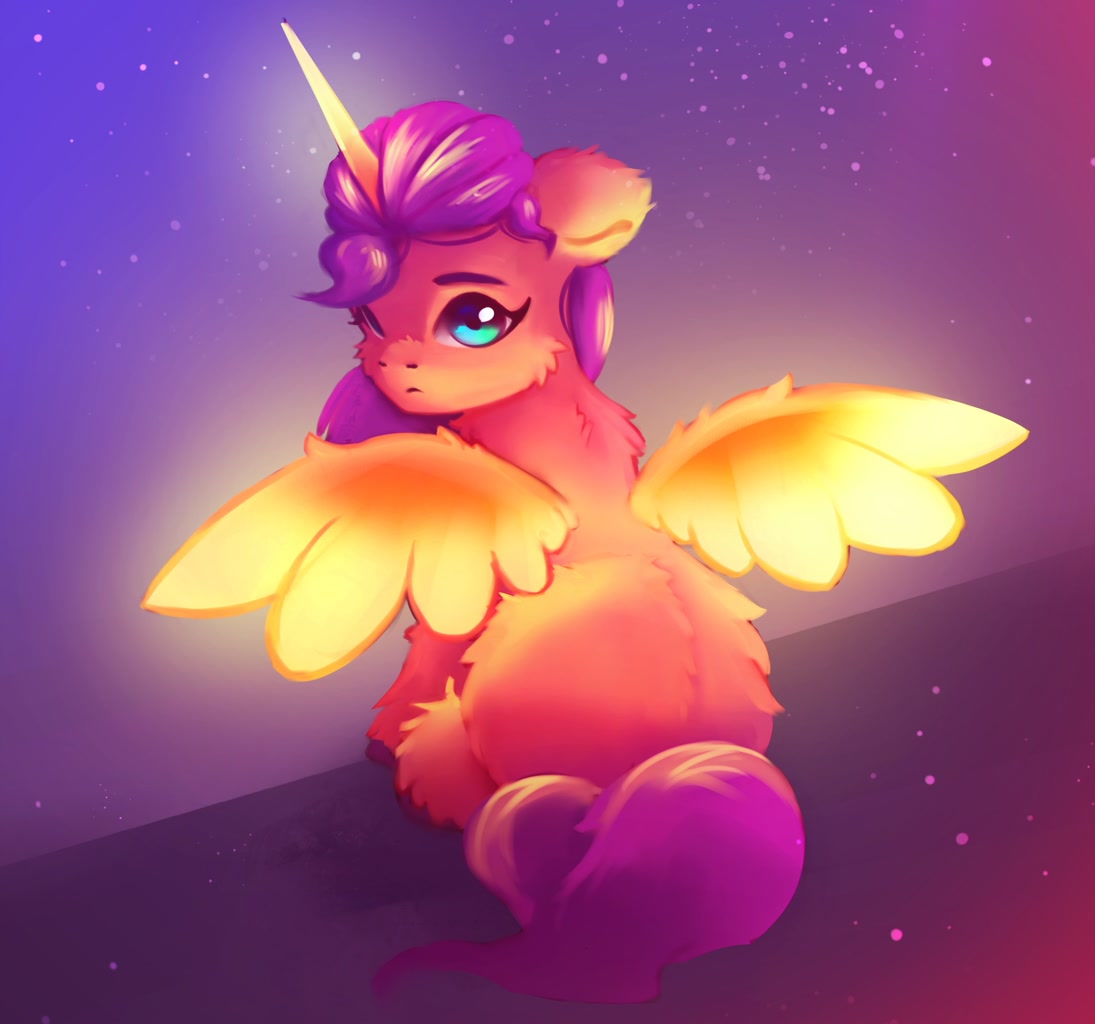 [alicorn,female,fluffy,g5,looking at you,looking back,mare,pony,race swap,safe,sitting,solo,alicornified,looking back at you,cheek fluff,artist:itssim,sunny starscout,sunnycorn]