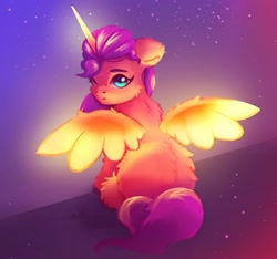 Size: 2140x2002 | Tagged: safe, artist:itssim, sunny starscout, alicorn, pony, g5, alicornified, back fluff, cheek fluff, cute, featured image, female, fluffy, high res, looking at you, looking back, looking back at you, mare, race swap, shoulder fluff, sitting, solo, sunnybetes, sunnycorn