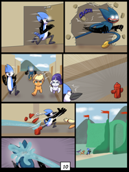 Size: 7500x10000 | Tagged: safe, artist:chedx, applejack, rarity, earth pony, pony, unicorn, comic:learning with pibby glitch battles, g4, comic, commission, crossover, huggy wuggy, mordecai, multiverse, regular show