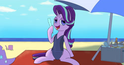 Size: 4096x2160 | Tagged: safe, artist:suryfromheaven, starlight glimmer, pony, unicorn, g4, alcohol, beach, beer, clothes, embarrassed, female, food, hat, ice cream, looking up, mare, one-piece swimsuit, open mouth, parasol (umbrella), sand, shadow, swimsuit, teasing, tongue out, trixie's hat, umbrella, wet, wetsuit