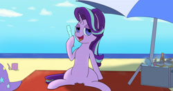 Size: 4096x2160 | Tagged: safe, artist:suryfromheaven, starlight glimmer, pony, unicorn, g4, alcohol, beach, beer, belly, clothes, female, food, hat, ice cream, mare, open mouth, parasol (umbrella), sand, sitting, spread legs, spreading, teasing, trixie's hat, umbrella