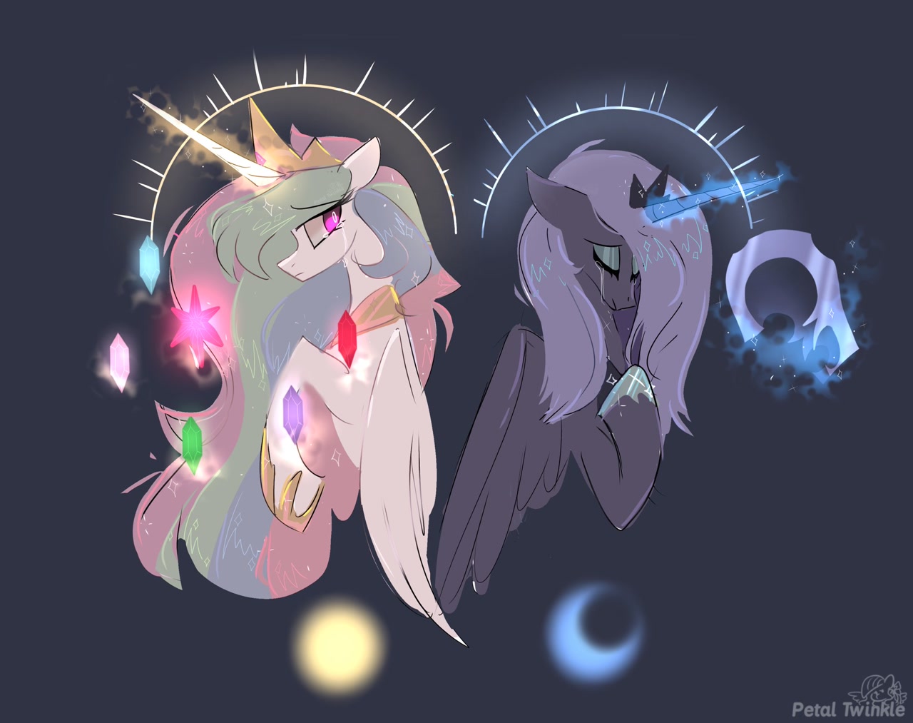 [alicorn,crescent moon,crying,duo,element of generosity,element of honesty,element of kindness,element of laughter,element of loyalty,element of magic,elements of harmony,eyes closed,female,flower,flower in hair,frown,glowing,glowing horn,helmet,horn,levitation,magic,mare,moon,pony,princess celestia,princess luna,sad,safe,siblings,signature,simple background,sisters,sun,telekinesis,royal sisters,implied nightmare moon,blue background,artist:petaltwinkle]