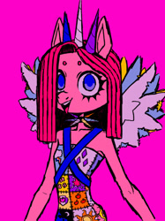 Size: 2048x2731 | Tagged: safe, artist:dreamscreep, pinkie pie, earth pony, anthro, fanfic:cupcakes, g4, choker, clothes, cutie mark, cutie mark dress, dress, feathered wings, high res, horn, pinkamena diane pie, solo, spiked choker, wings