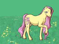 Size: 2048x1536 | Tagged: safe, artist:dreamscreep, fluttershy, earth pony, pony, g4, all fours, blue eyes, flower, grass, hoers, hooves, outdoors, pink mane, pink tail, solo, tail, yellow coat